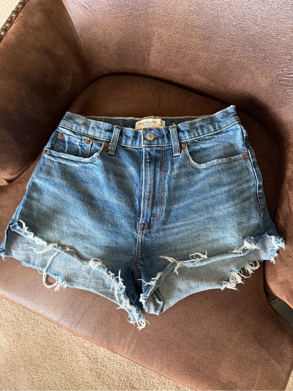 Abercrombie & Fitch Distressed Blue Denim Curve Love Mom Jean Shorts
